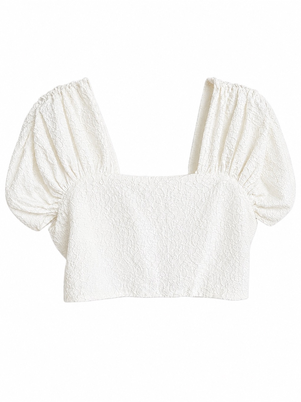 Zara White Textured Square Neck Puff Sleeve Cropped Blouse Size L NWOT